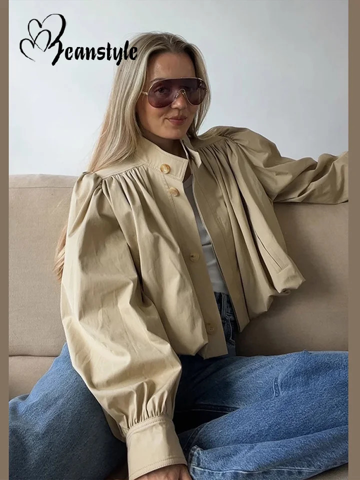 Street Button Short Windbreaker Women Full Puff Sleeve Pleated Stand Collar Solid Jackets Female 2025 Summer Fall Lady Outwears 250728