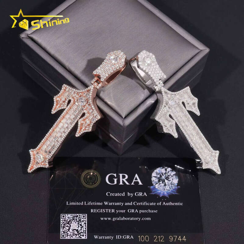 New Design Sterling Sliver Gold Plated Pass Dia Tester 2.5 Inches VVS Moissanite Iced Out Custom Cross Pendant Necklace