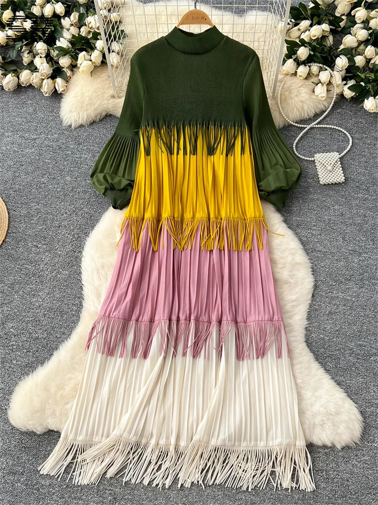 SINGREINY Multicolor Spring Loose Dress Women Lantern Sleeve Temperament O Neck 2025 est Vintage Tassel Senior Long Dresses 250728