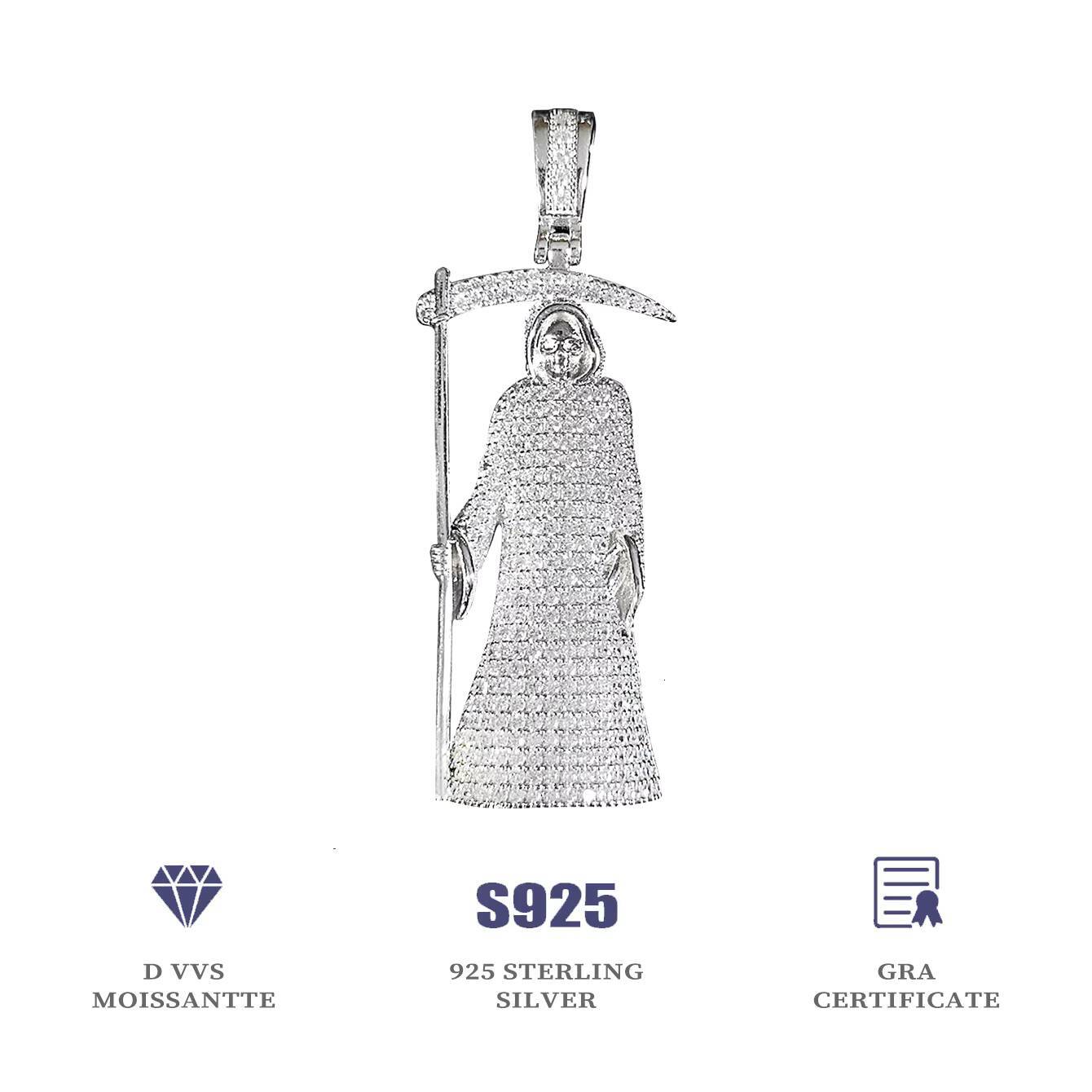 New Arrival Big Size 925 Silver Grim Reaper Pendant VVS Moissanite Diamond Necklace Charm High Quality Product Type
