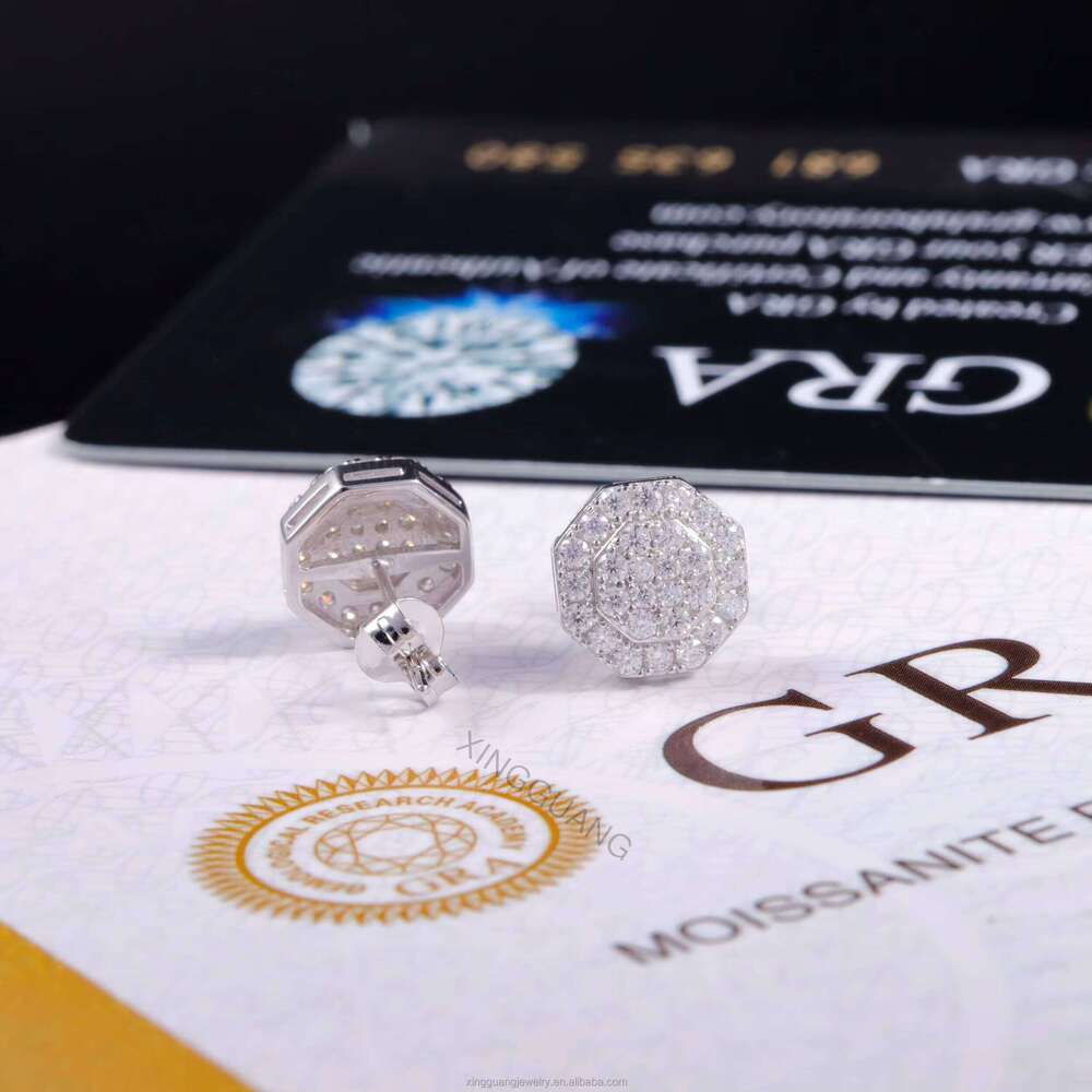 Fine Jewelry Hip Hop Men's White Gold Plated S Sier 100% Pass Dia Test Shiny Ice Out Moissanite Stud Earrings