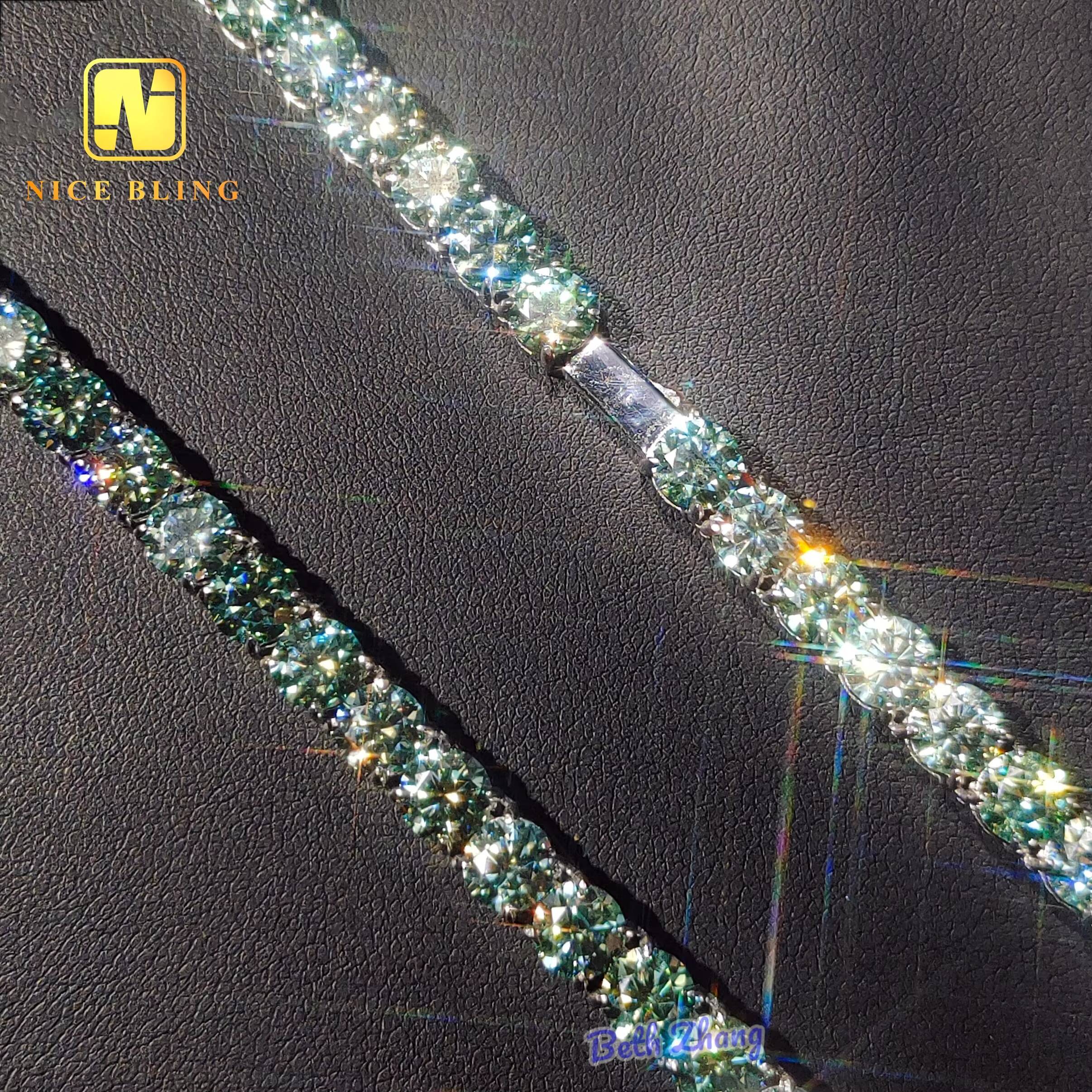 Trendy Hip Hop Tennis Chain 925 Silver Jewelry Fashion 5mm Blue Green Moissanite Tennis Necklace Bracelets for Men and Women