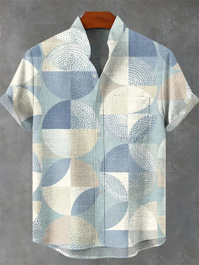 Mens Shirt 3D Printed Linen Casual Short Sleeved Top Fashionable Lapel Button Up Tshirt 250731