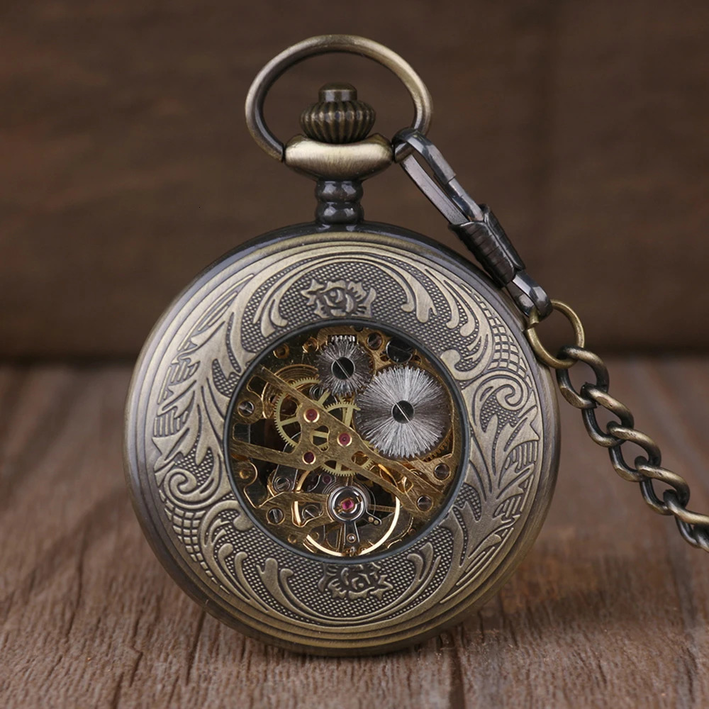 Vintage Roman Number Hand-Winding Watch creative carving flower Mechanical Pocket Watch chains pendant gifts 250807