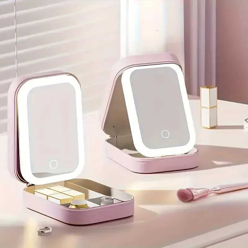 LED Travel Makeup Mirror with USB Charging Foldable Cosmetic Organizer Jewelry Pink Faux Leather Portable Beauty Case for Women Z250807