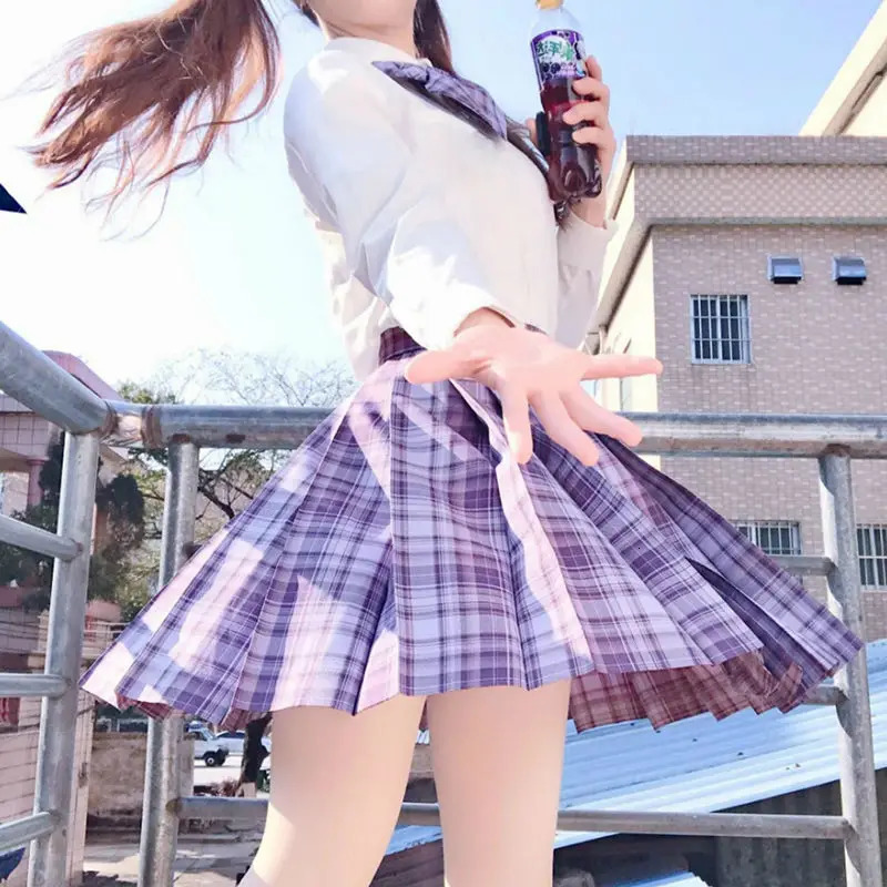 Grape soda Purple Plaid Skirts JK School Uniform Japanese Girls Summer High Waist Pleated Skirt Dress For Students Girl 250729