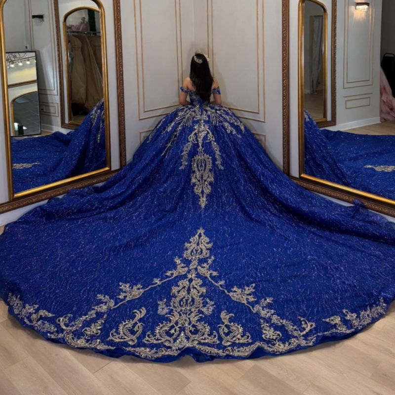 Royal Blue Shiny Quinceanera Dresses Off The Shoulder Applique Lace Beading Crystal Tull Ball Gown Vestidos 15 Anos Sweet 16 Dress