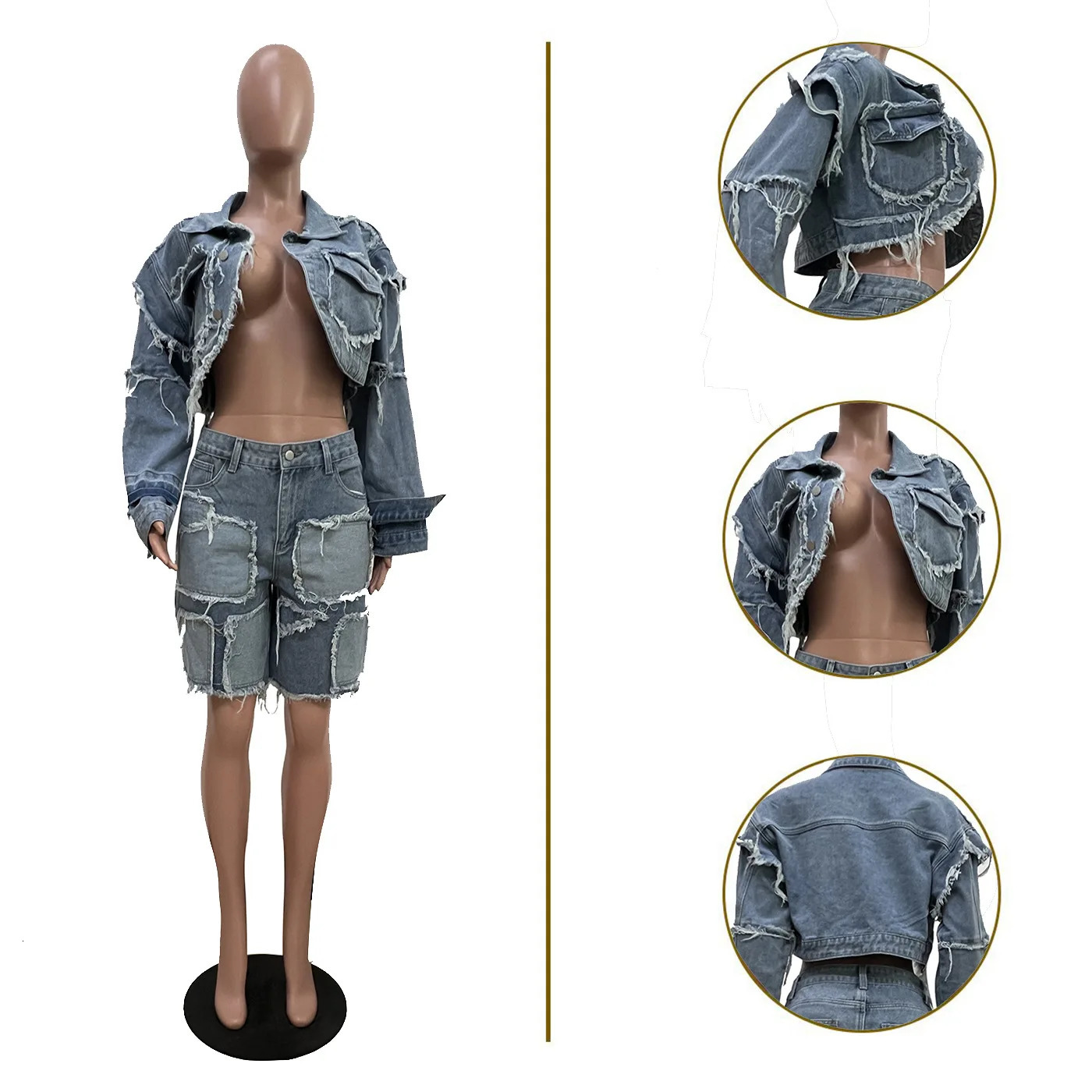 Shorts Pant Set Women Two Piece Sets Denim Turn Down Collar Matching Sets Tops Knee Length Pants High Waist Y2k Streetwear 250728