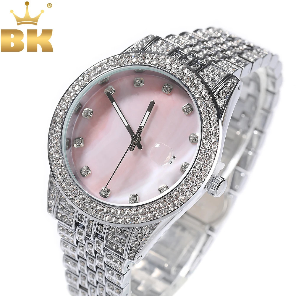 TBTK Mother of Pearl Pink Dial Full Iced Out Two Tone Quartz Clock Business Waterproof Watches For Women Girl 250807