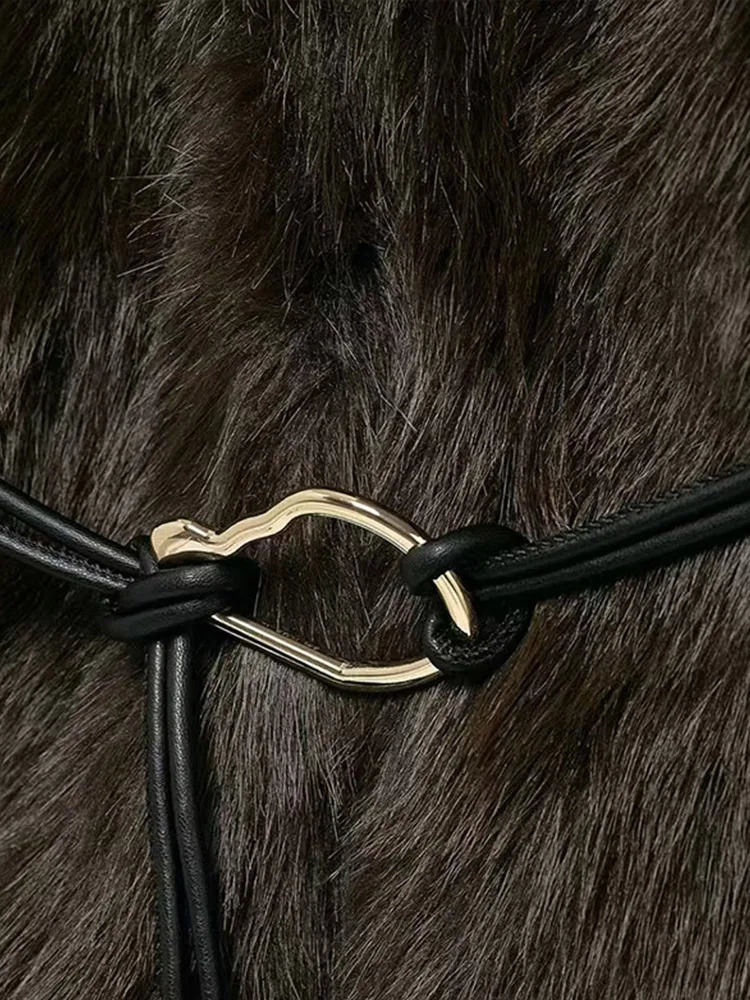 Faux Fur Coats Women Vintage Solid Lapel Belt Full Sleeve Pocket Jackets Female Autumn Winter Thicken Outwear Lady 250806