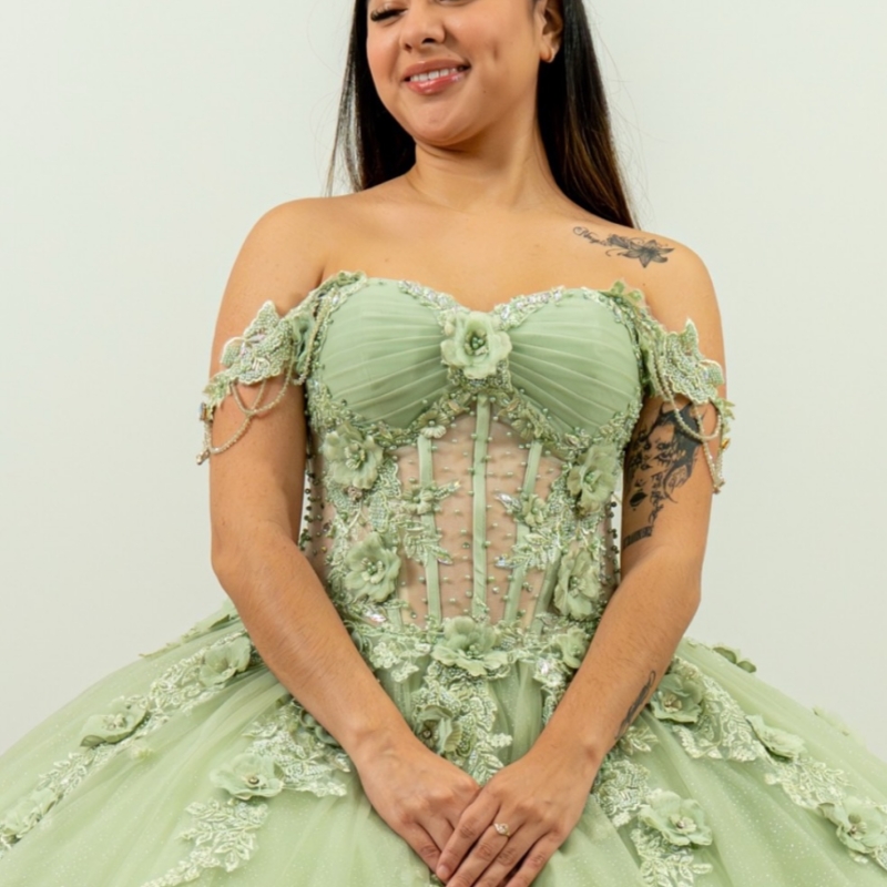 Green Shiny Quinceanera Dresses Off The Shoulder Applique Flower Beading Bow Tull Ball Gown Vestidos De 15 Anos Sweet 16 Dress