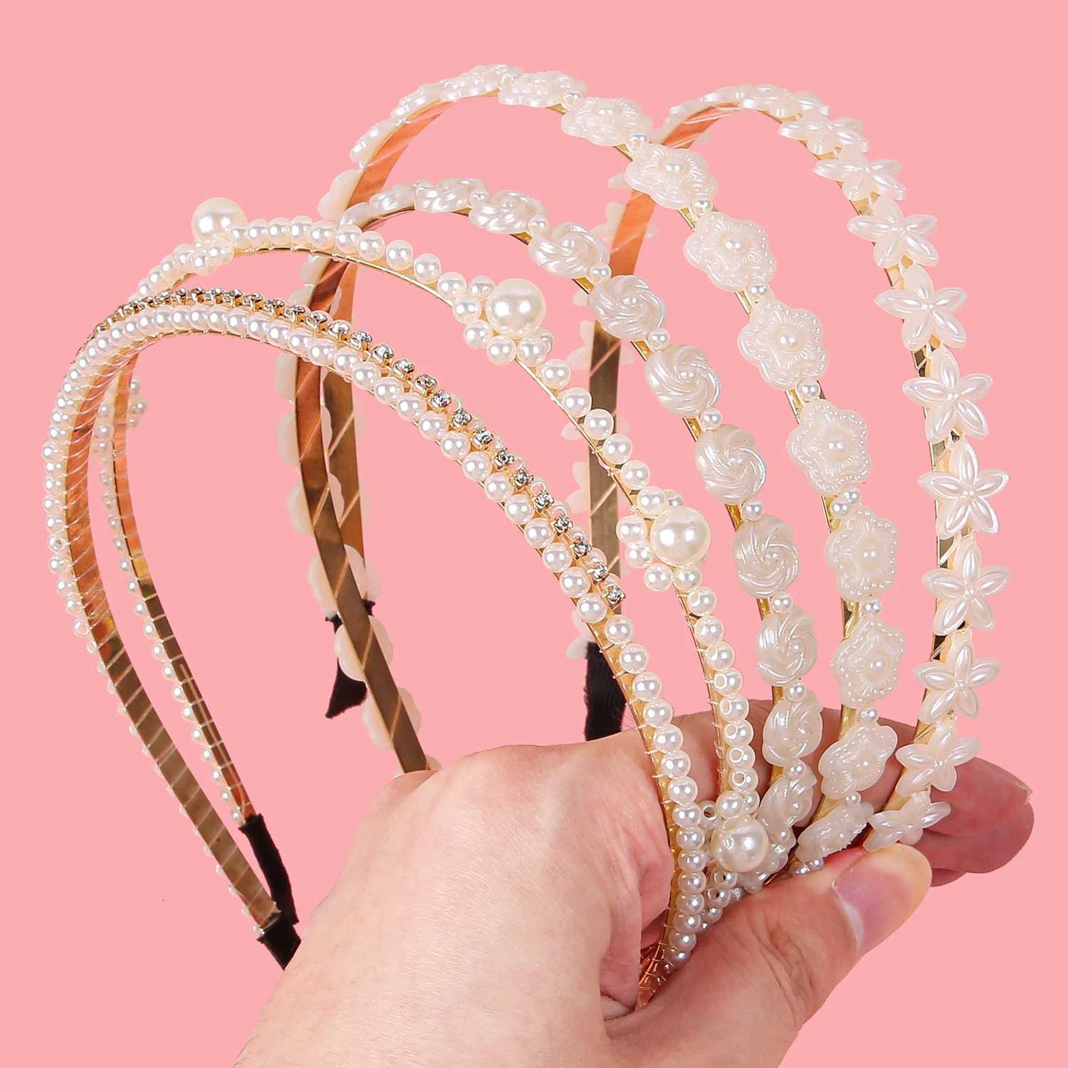 5PCS Fashion Pearl Bands Wen Girls Band Crystal Haiands Girls Wen Band Party Wedding Hair Accessories Y250808