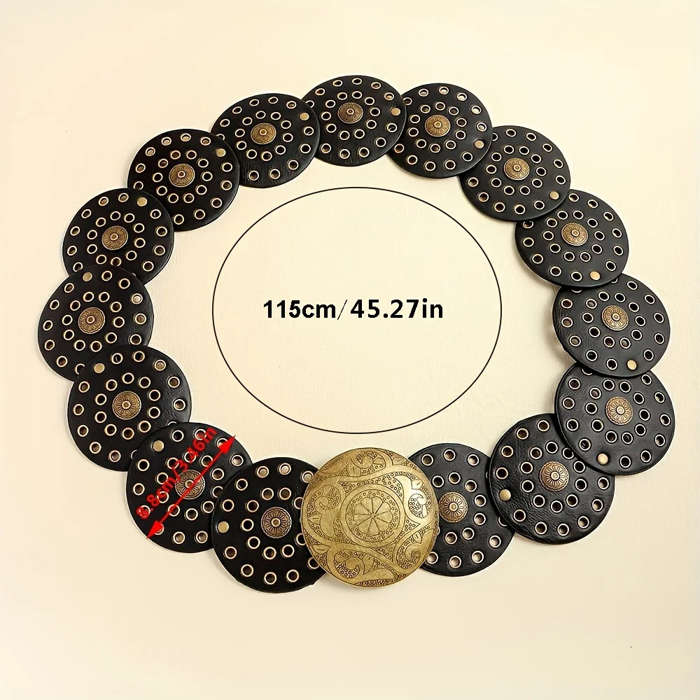 Western Cowboy Wide Golden Rivet Steampunk Circles PU Leather Waistband Vintage Large Round Buckle Waist Belt Girdle For Women 250805