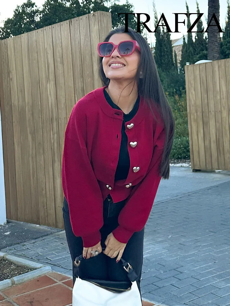 TRAFZA Women Fashion Solid Tops Heart-shaped Buttons Cardigans Female Spring Casual Long Sleeve O-Neck Knitting Sweaters Coats 250804