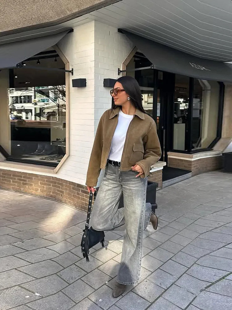 Vintage Suede Lapel Zipper Short Jacket Women Casual Loose Solid Pocket Jackets Female Versatile Fashion Street Outwear 250805