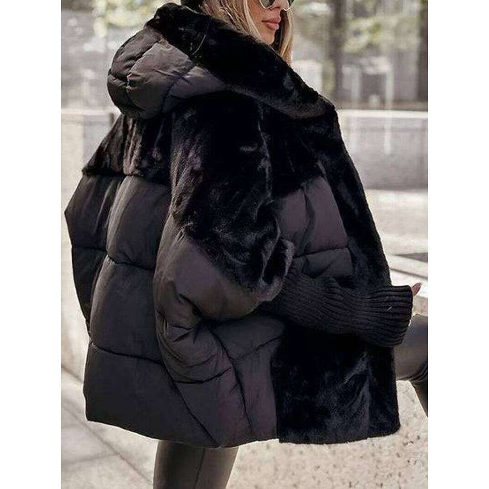 Winter women's loose down jacket with knitted sleeves