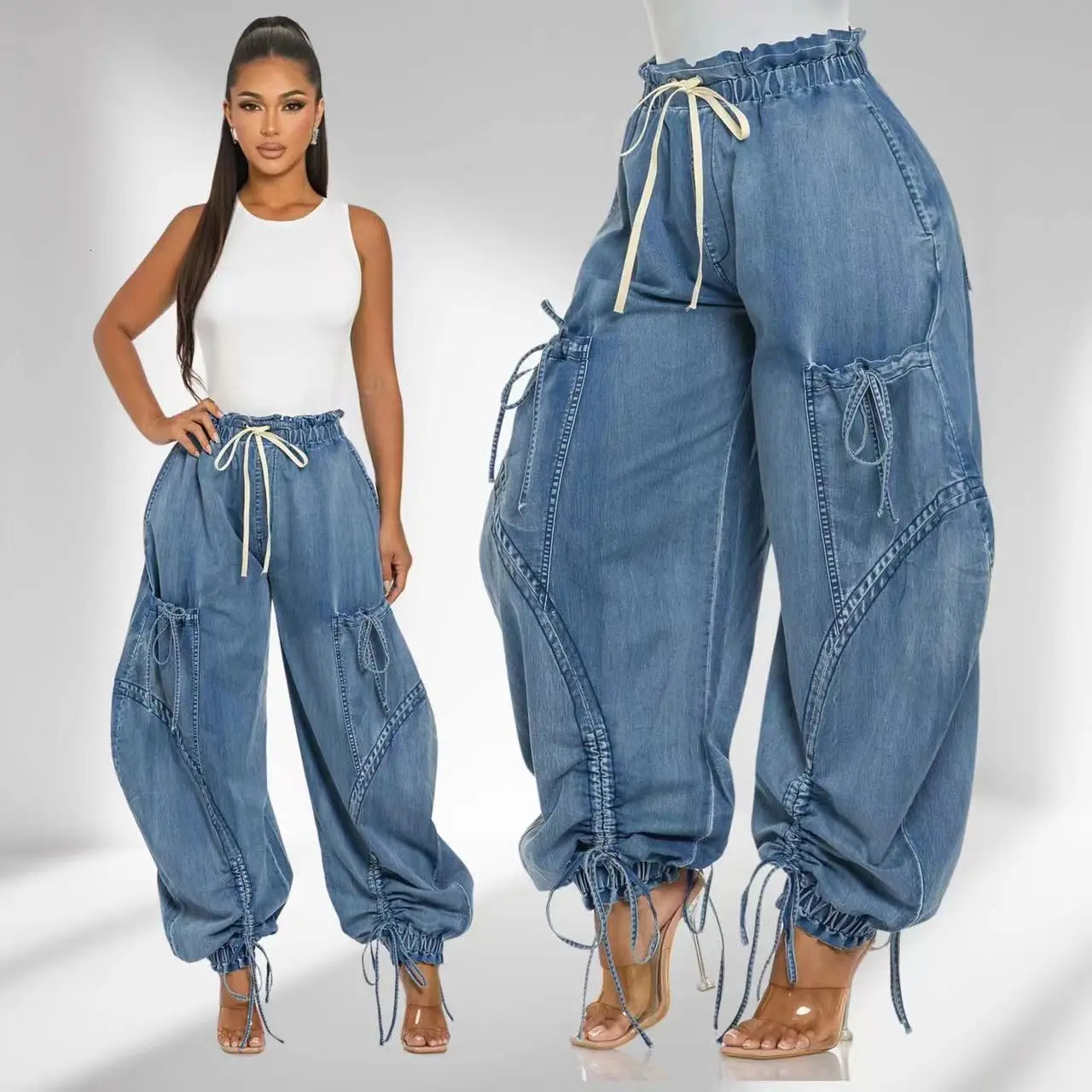 Lace Up Wide Leg Jeans Cargo Pants Sexy Women High Waist Elegant Streetwear Denim Loose Trousers 250804