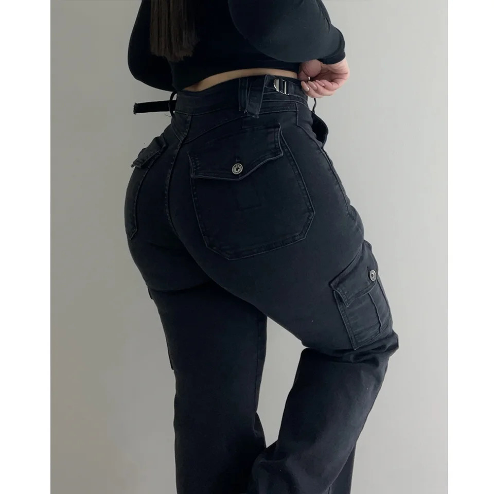 Women Straight Cargo Jeans Womens Streetwear Stretchy High Waisted Jeans Unique Multi-Pocket Female Trousers Pocket 250804