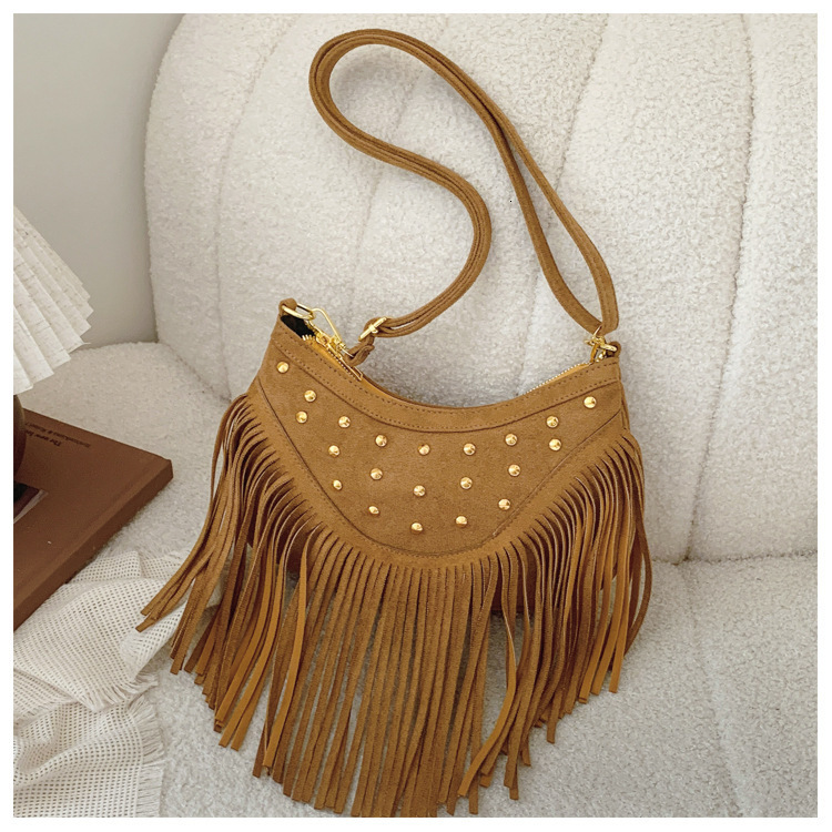 Casual Versatile Tassel Large Capacity Rivet Trendy Grassland Mongolian Denim Single Shoulder Crossbody Womens Bag240820