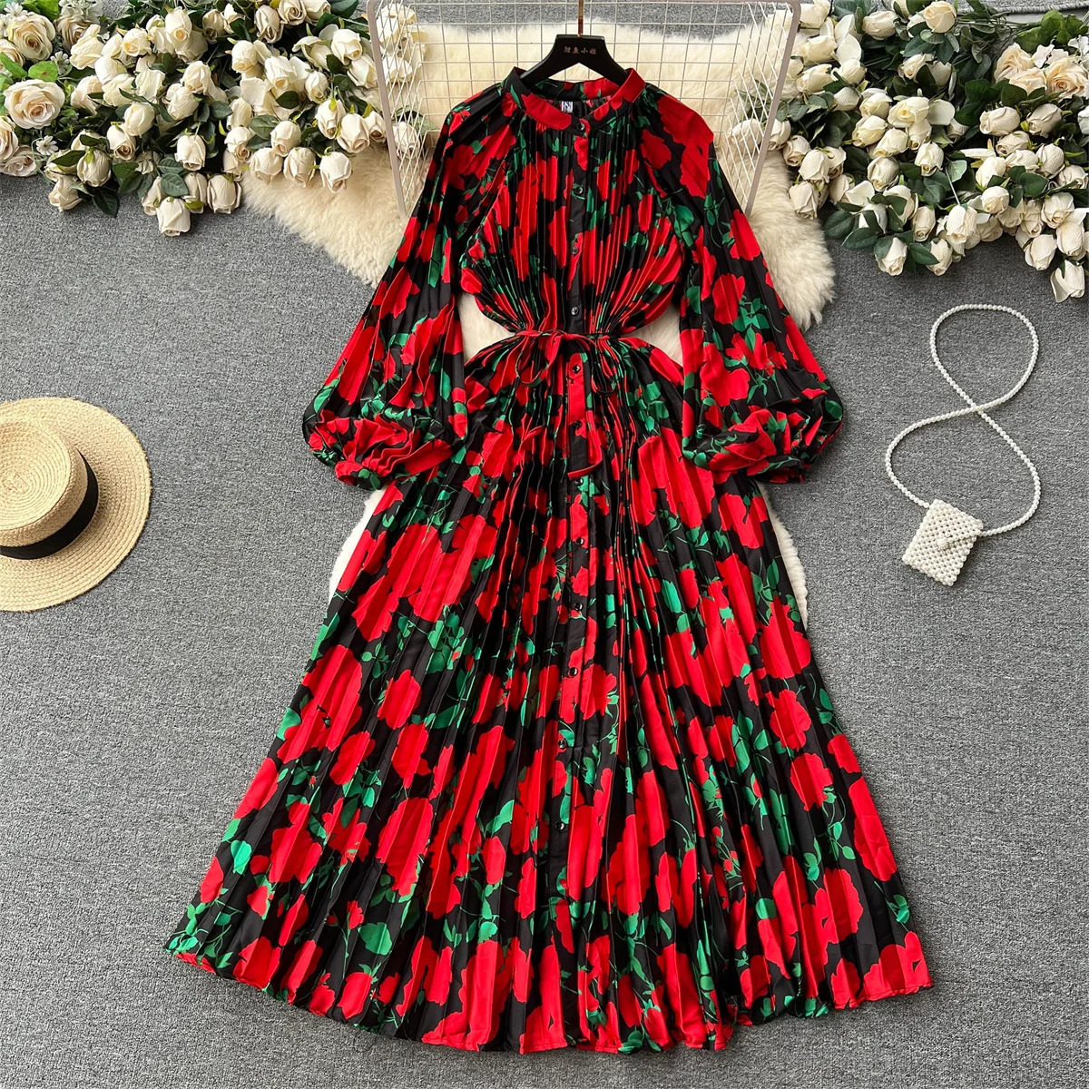 Retro Print Elegant Pleated Lantern Long Sleeve O Neck Single Breasted Dress A-line Casual High Waist Women Summer Dresses 250728