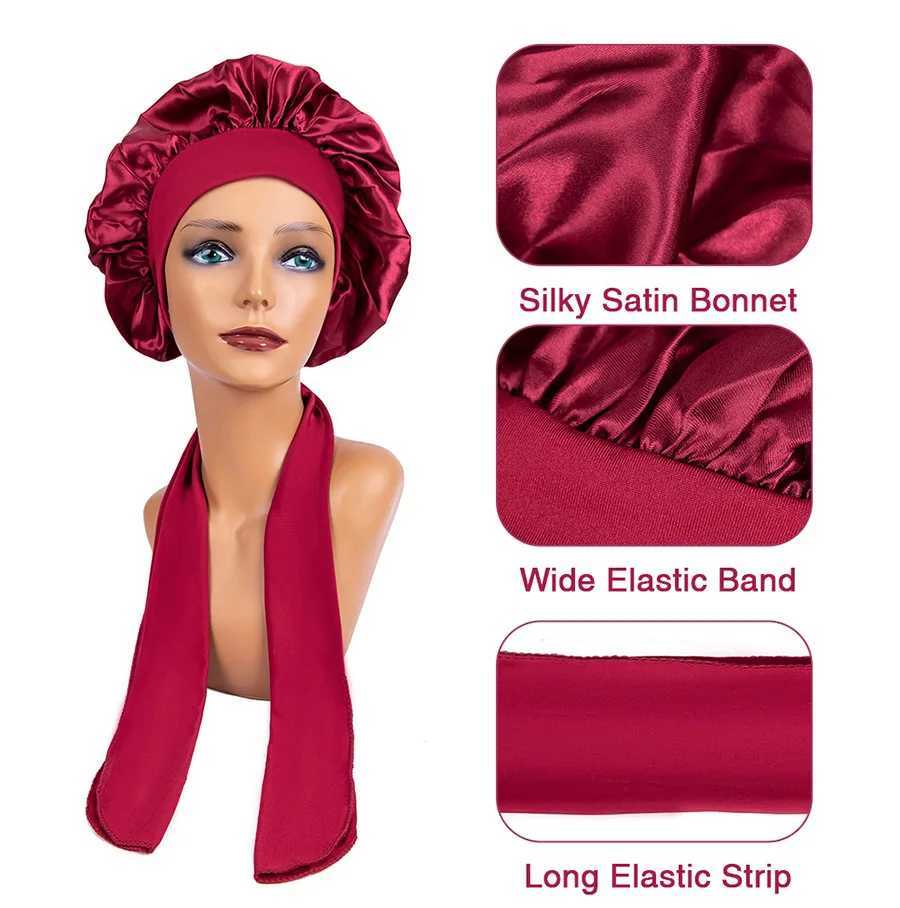 New Large Satin Bonnet Silk Night Sleeping Cap Long Satin Bonnet With Head Tie Band Bonnet Edge Wrap For Women Curly Braid Hair Z250808