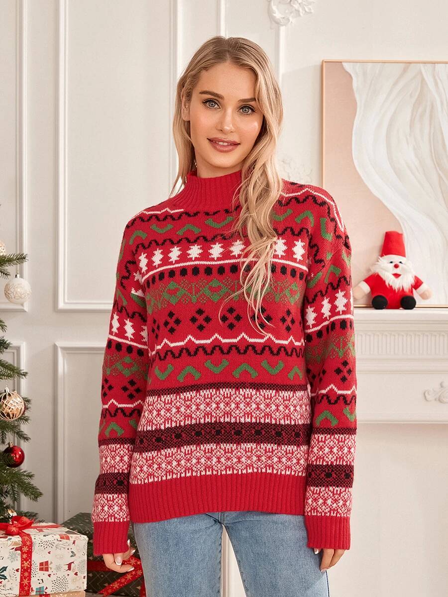 Women Christmas Sweater Casual Striped Long Sleeve Round Neck Loose Fit Knit Pullover Tops dongdumaoyi