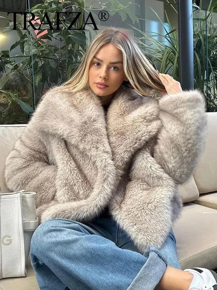 TRAFZA Winter Women Warm Faux Fur Coat Elegant Solid Loose Long Sleeve Thick Jacket Pockets Female Fashion Oversized Outerwear 250806