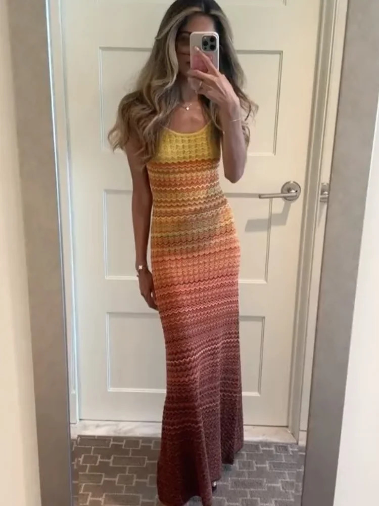 Fashion Gradient Women Knitted Maxi Elegant V-neck Sleeveless Bodycon Long Dresses Female Chic Beach Party Holiday Robe 250805