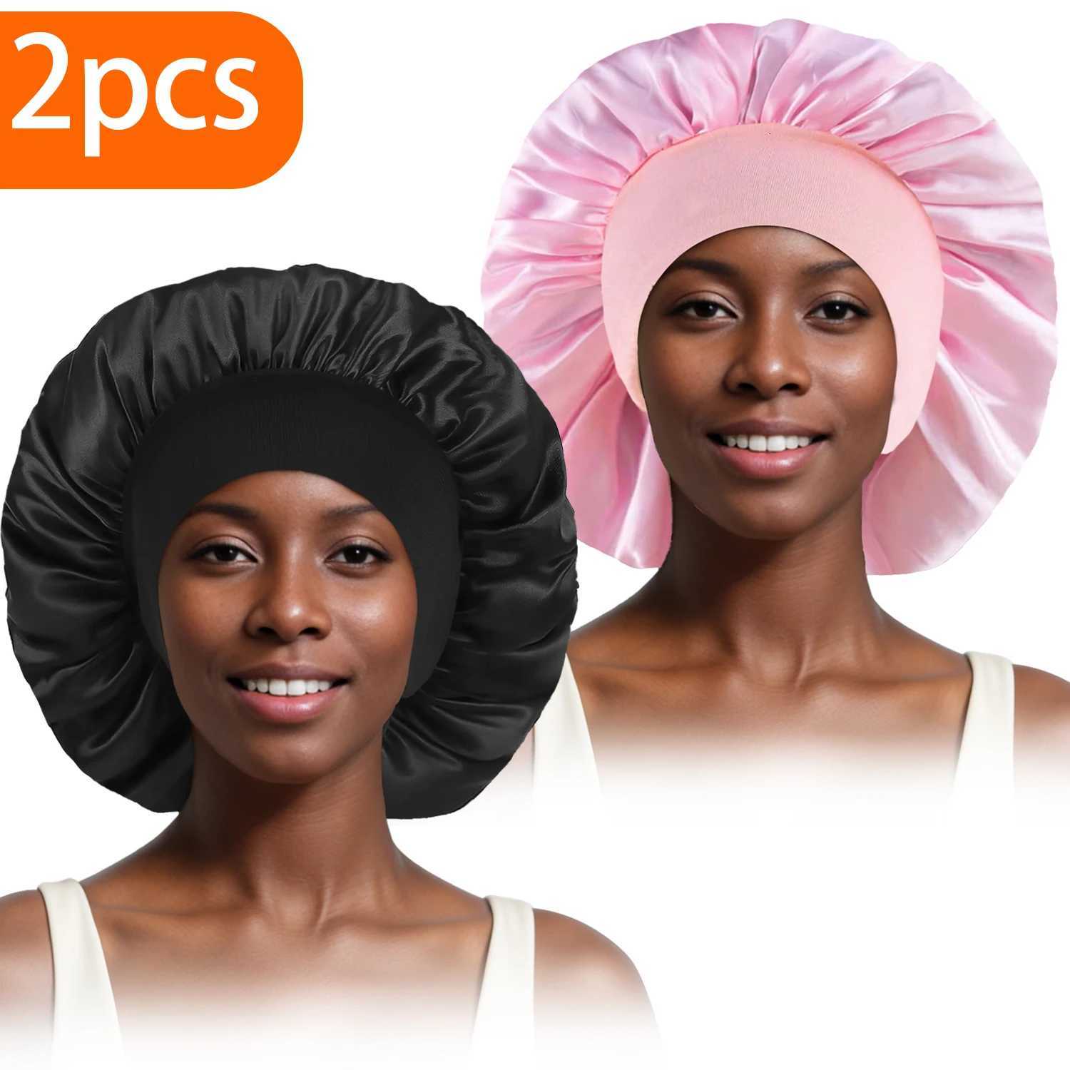 2pcs Womens Fashion Bonnet Large Wide Edge Elastic Hat Casual Silk Smooth Tint Suitable for Curly Straight Hair Sleeping Hat Z250808