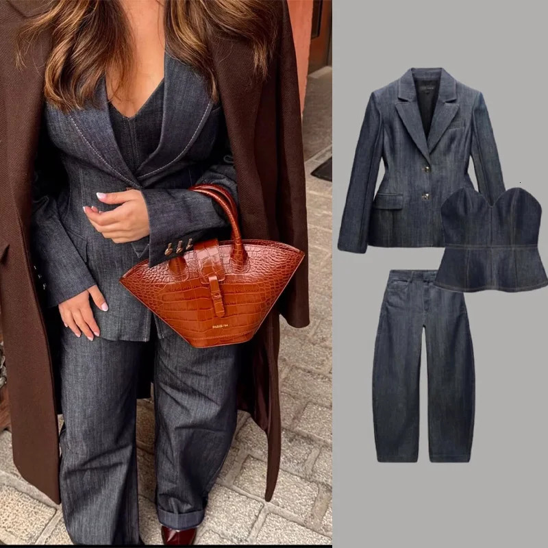 TRAFZA 2025 Women Denim Blazer Pants Set Long Sleeves Waist-collecting Suit Commute Woman Wide Leg Jeans Street Trendy 250728