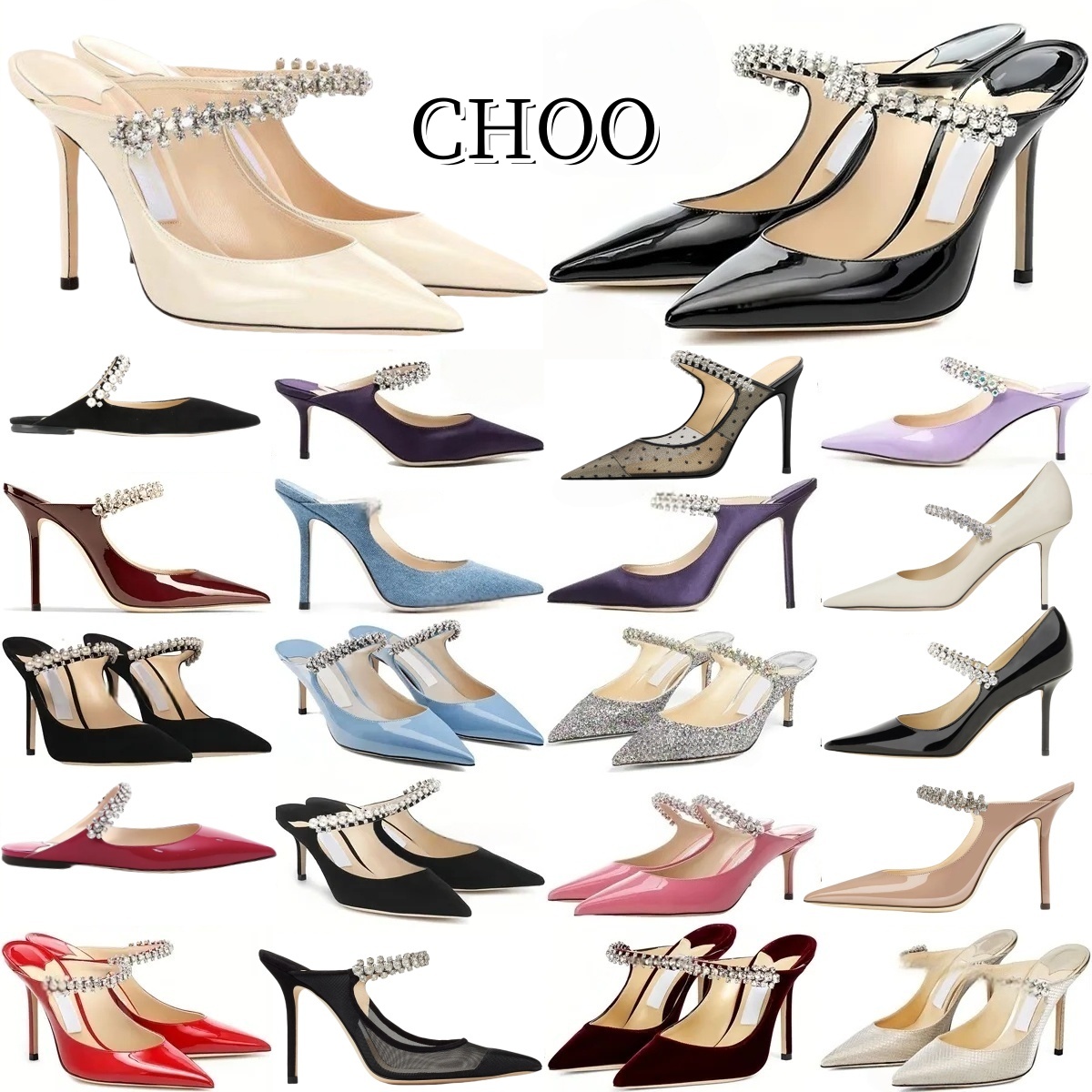 Designer JC Pointed-toe Mesh Rhinestone High Heels 7cm 9cm Brand Pumps Black White Genuine Leather Pearl Straight Line With Thin Heel Wrapped Toe French Wedding Shoes