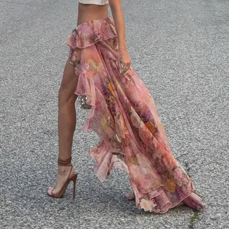 2025 Summer New Women's Bohemian Printed Irregular Long Skirt Holiday Party Retro French A-line Lotus fashion Leaf Edge Skirt Holiday New Designe