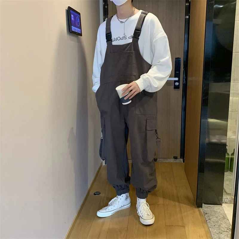 Suspenders Jumpsuit Pants Men Summer Overalls Japanese Loose Straps Casual Pockets Unisex Oversize Streetwear Solid Man Clothing 250804