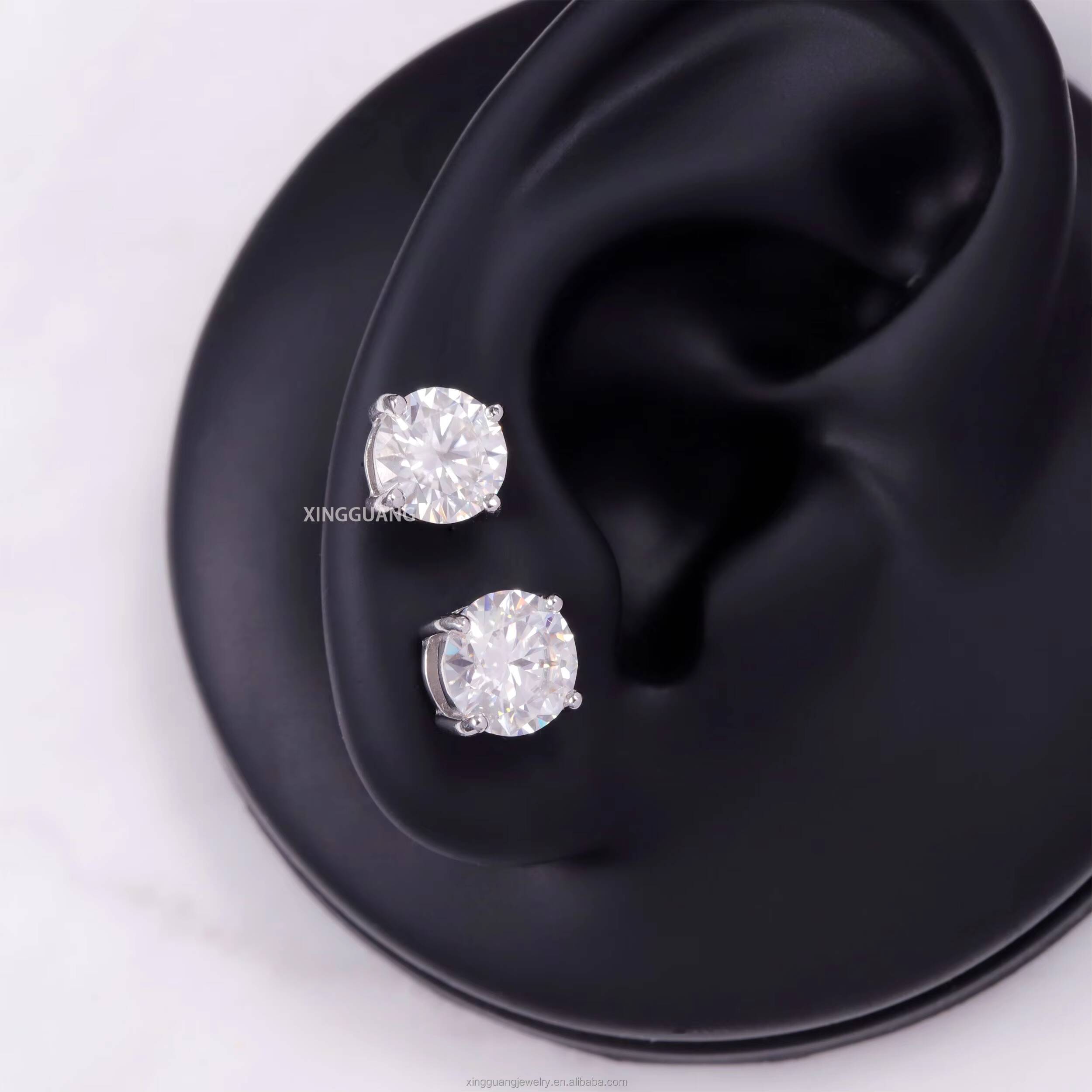 Hot Sale Classic 4 Prongs D VVS Brilliant 8H 8A Round Moissanite Pass Diamond Test White Gold Earring Studs Women Jewelry