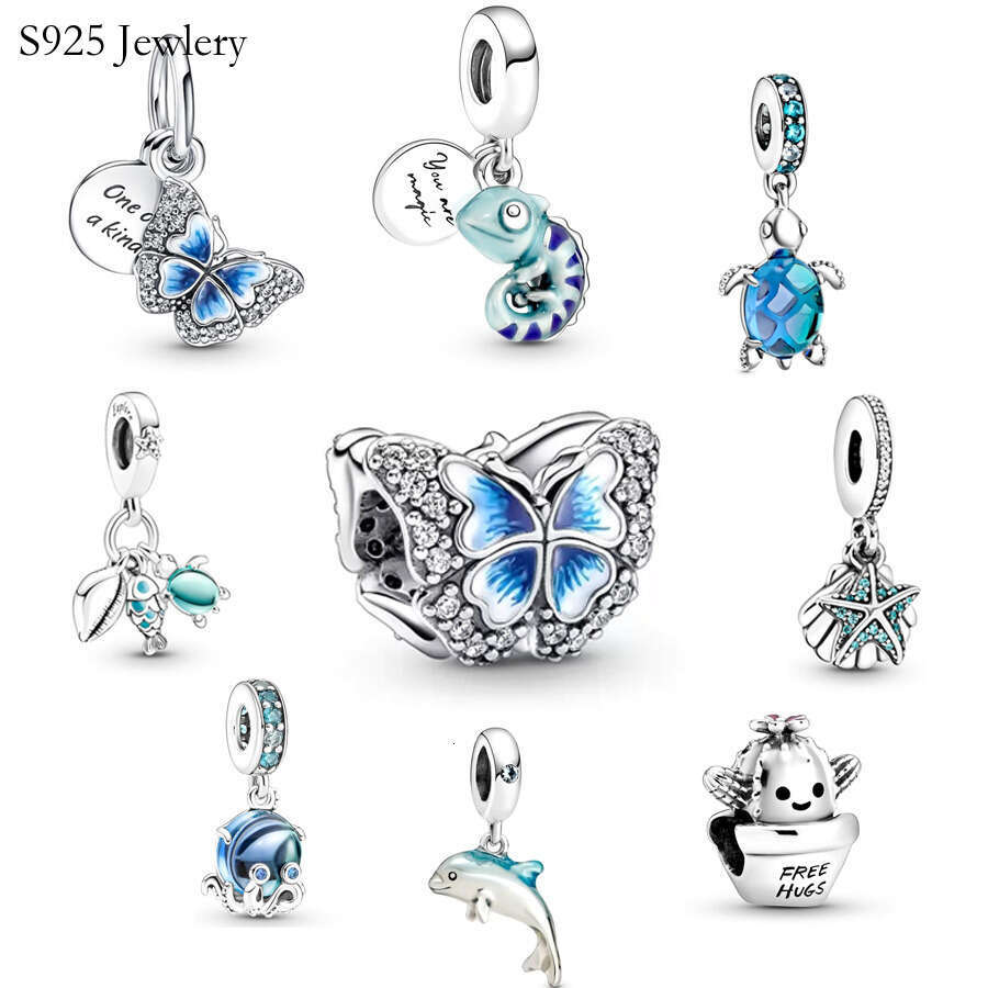 Blue Series Pearl 925 Sterling Silver Butterfly Turtle Fairy Palm Color Charm Is Suitable For Primitive Bracelet DIY Small Jewelry Jewelry