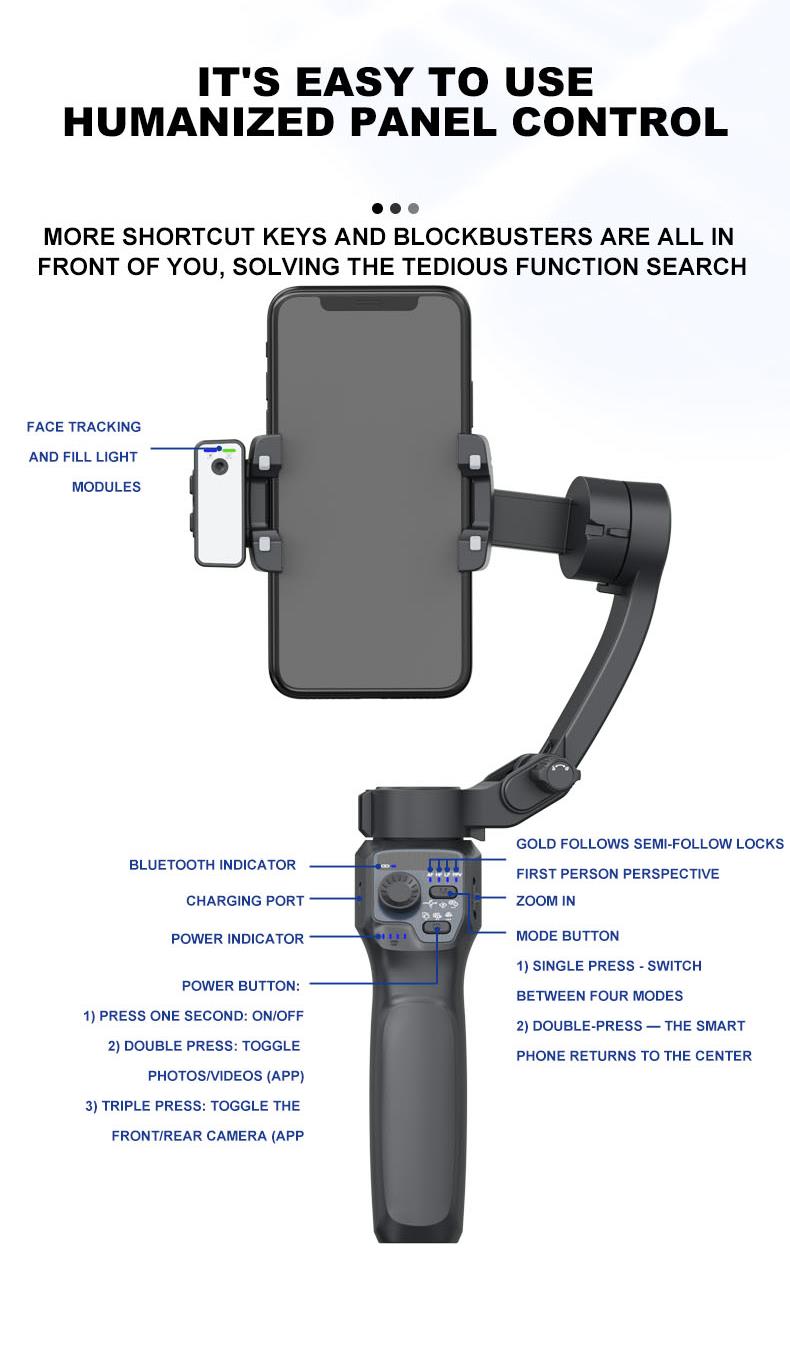 Gimbal Stabilizer for Smartphone Portable Foldable 3-Axis Phone Gimbal for Android & iPhone with Tripod Fill Light Face and Object AI Tracking for Vlo