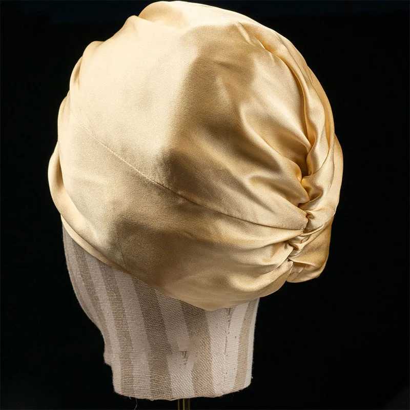 Double Layer Real Silk Sleeping Caps Adjustable Knotted Women Night Bonnet Satin Hair Wrap Elastic Head Cover for Long Hair Z250808