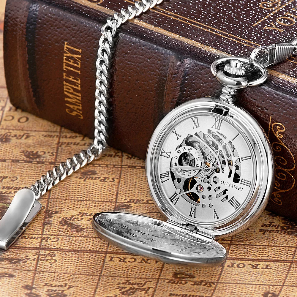 Stainless Steel Men Mechanical Pocket Watch Fashion Casual Skeleton dial Gold Hand Wind Mechanical Male Fob Chain Watches 250807