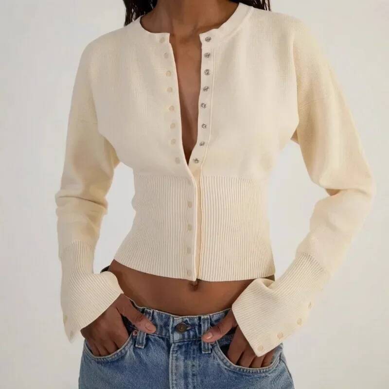 Women's High Waist Round Neck Single Breasted Cardigan Solid Long Sleeve Short Sweater Top Autumn Slim Bottoming Shirt dongdumaoyi