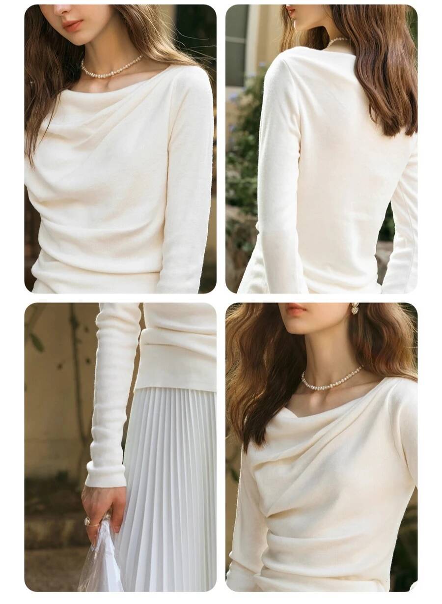 OLrain Women's Apricot White Sweater 2025 Autumn Winter Ladies Knitwears Asymmetrical Long Sleeve Tops for Woman M57CZ95633 dongdumaoyi