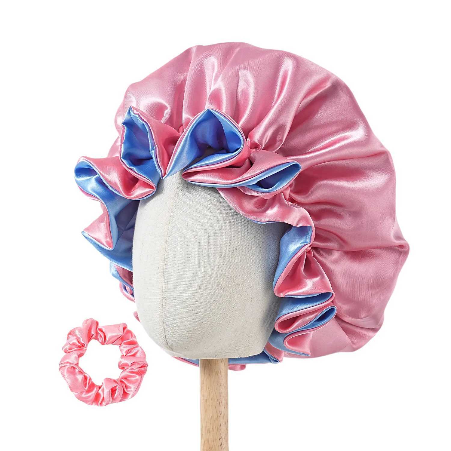 Satin Bonnet Double Layer Colorful Big Flower Edge Sleep Cap Extra Large Round Cap Hair Protective and Breathable Z250808