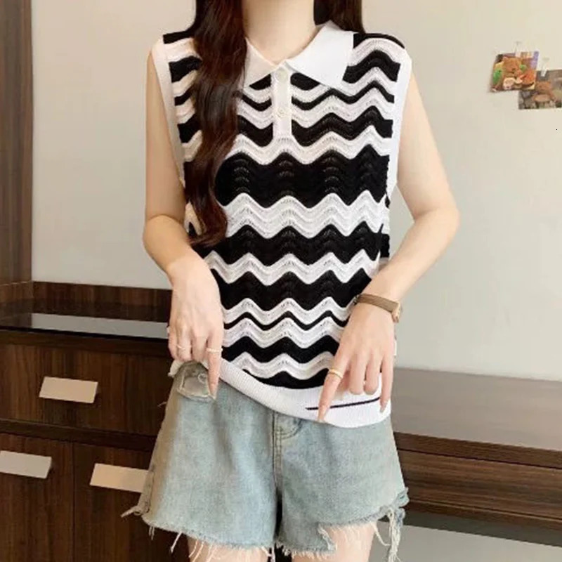 Multicolor Striped PoloNeck Tank Top 2025 Summer Oversized Fashion Patchwork Knitting Hollow Out Sweater Women Tops 250807