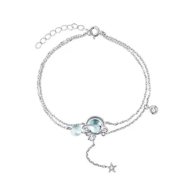 925 Sterling Silver 19CM Double Bracelet Aquamarine Crystal Encrusted Bracelet Elegant Feminine Trend Jewelry Z250807