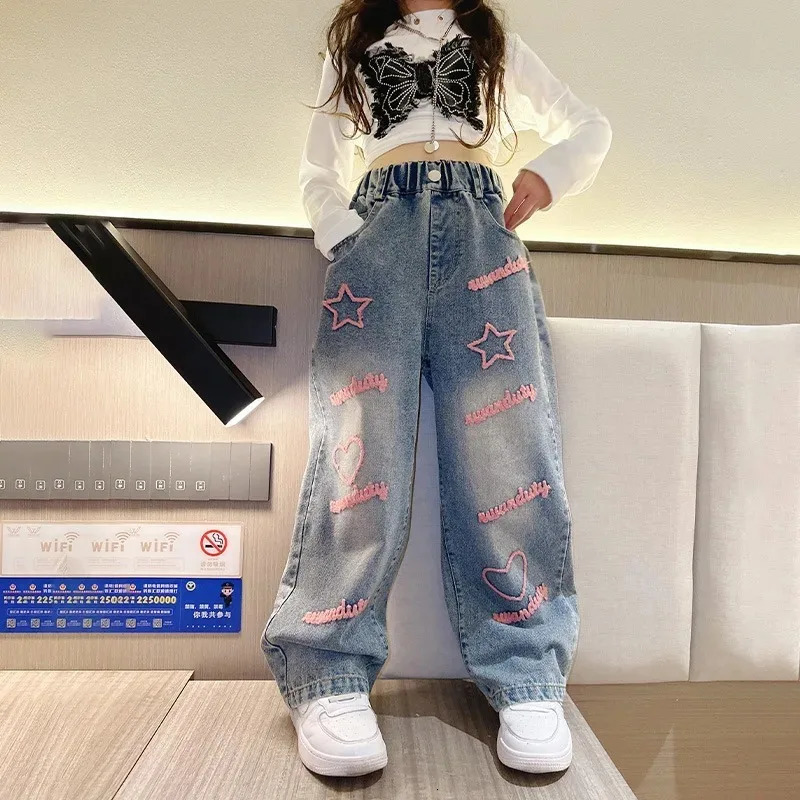 Girls School Wide Leg Pants with Heart Star Casual Loose Kids Fashion Long Jeans Children Korean Style Trousers 250807