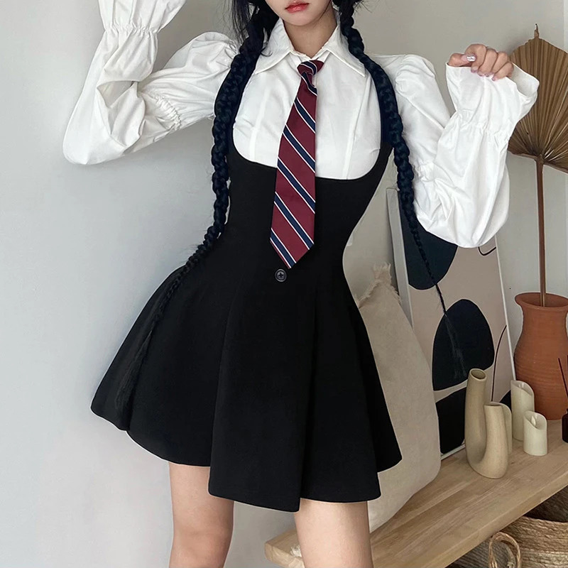 College Style Preppy American Spicy Girls JK Uniform Dress Suit Black Summer Slim Set White Shirt Bishop Sleeve 250729
