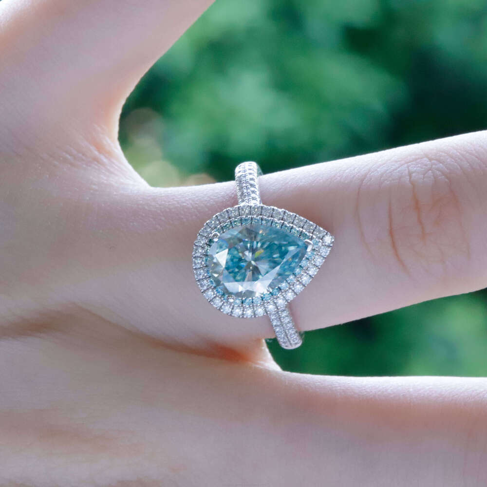 Customized Halo Design Blue 6x8mm Pear Dia Moissanite Fashion White Gold Rings Wedding Fine Jewelry Women Ring