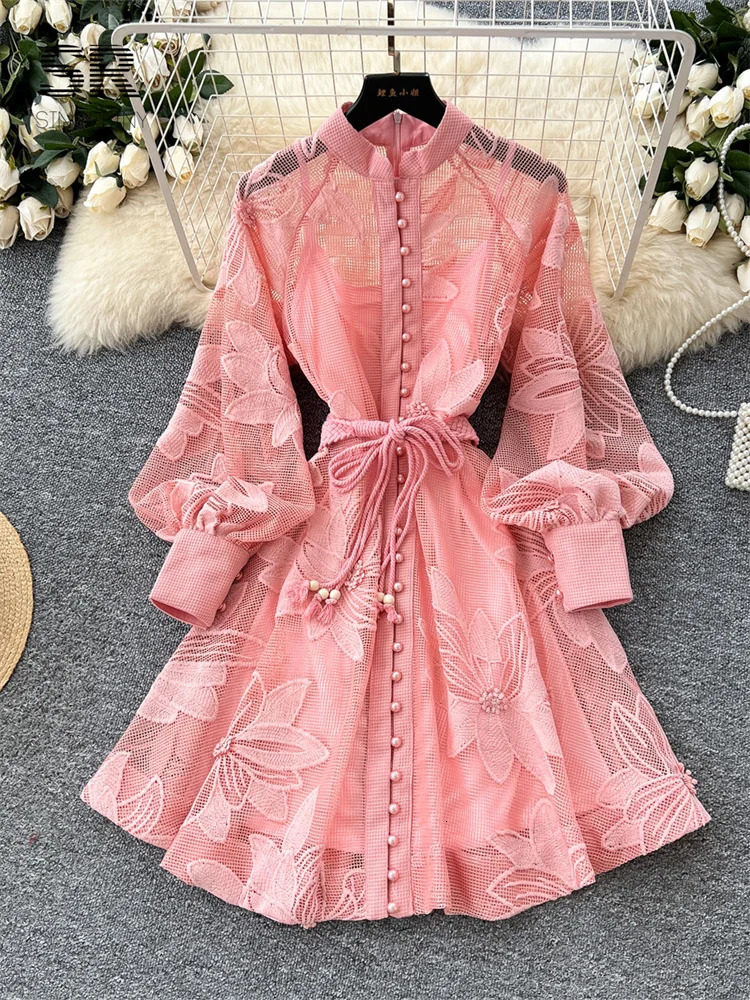 SINGREINY Women Elegant Floral Emboridery Dress Hollow Out Long Sleeve Single Breasted Belt French Court Chic Short A Line Dress 250728