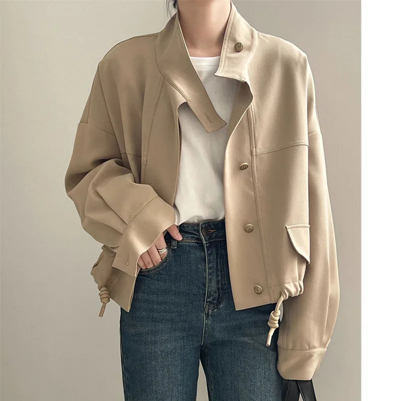 Women Spring Autumn high-end Jacket Casual Windbreaker Standing Collar Short Jacket Hem Drawstring Trench Coat 250728