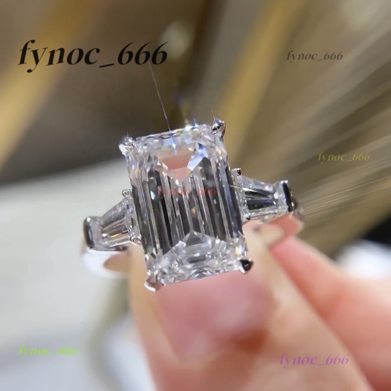 14K White Gold VVS DEF Color 4CT Emerald Cut CVD Lab Diamond Engagement Ring Three Stone Design
