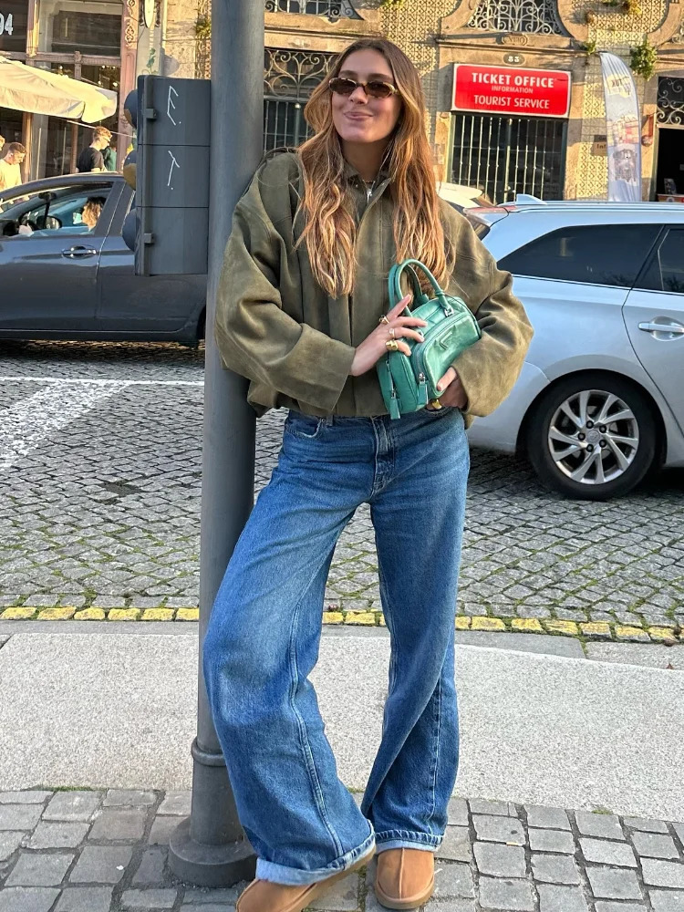 Fashion Suede Zipper Bomber Jacket For Women Vintage Turn Down Collar Long Sleeve Coats Lady Street Chic Short Outerwear 250805